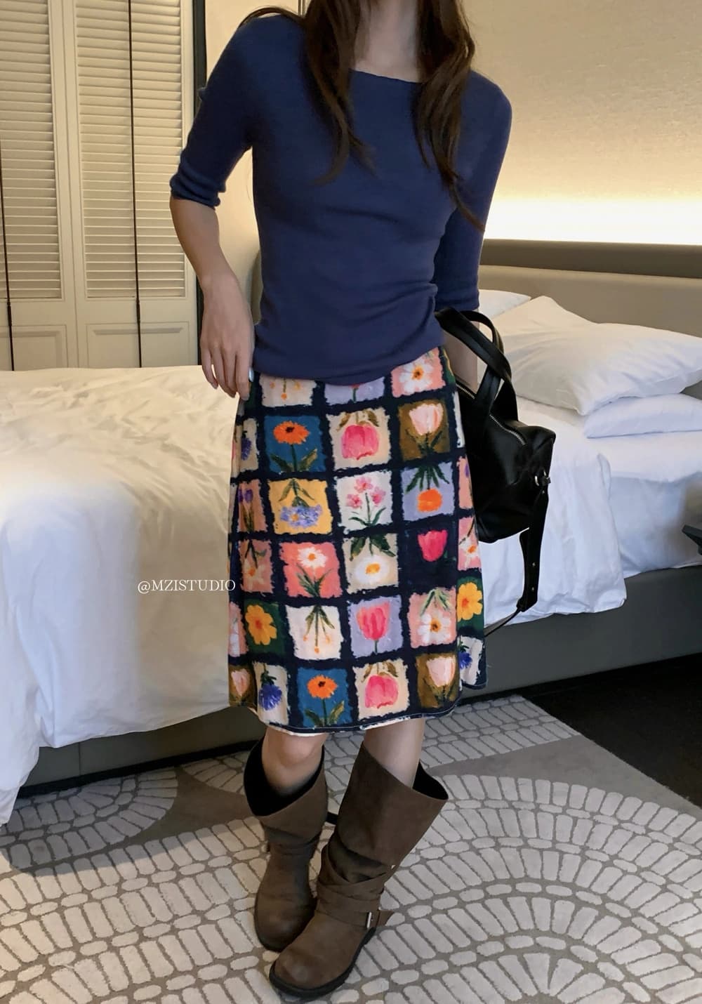 가을 한국 스타일 체크무늬 식물 프린트 허리밴드 다용도 반신 스커트 상세 이미지 1