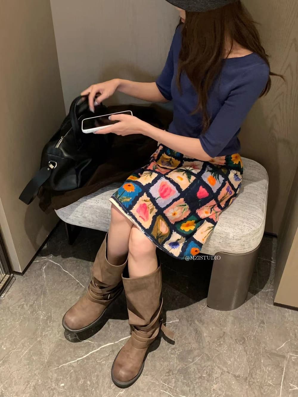 가을 한국 스타일 체크무늬 식물 프린트 허리밴드 다용도 반신 스커트 상세 이미지 6