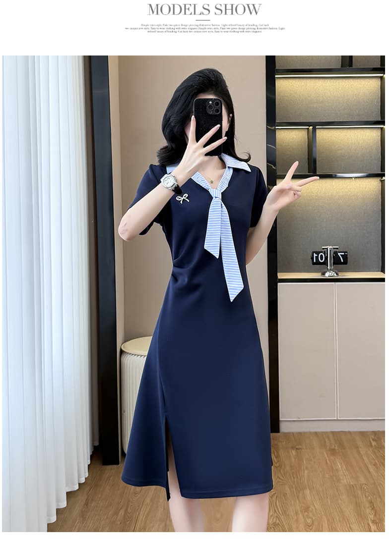 실사 빅 사이즈 여성 의류 2026 여름 새로운 패션 디자인 센스 패치워크 연령 감소 슬림해 보이는 품격 반팔 드레스 상세 이미지 14