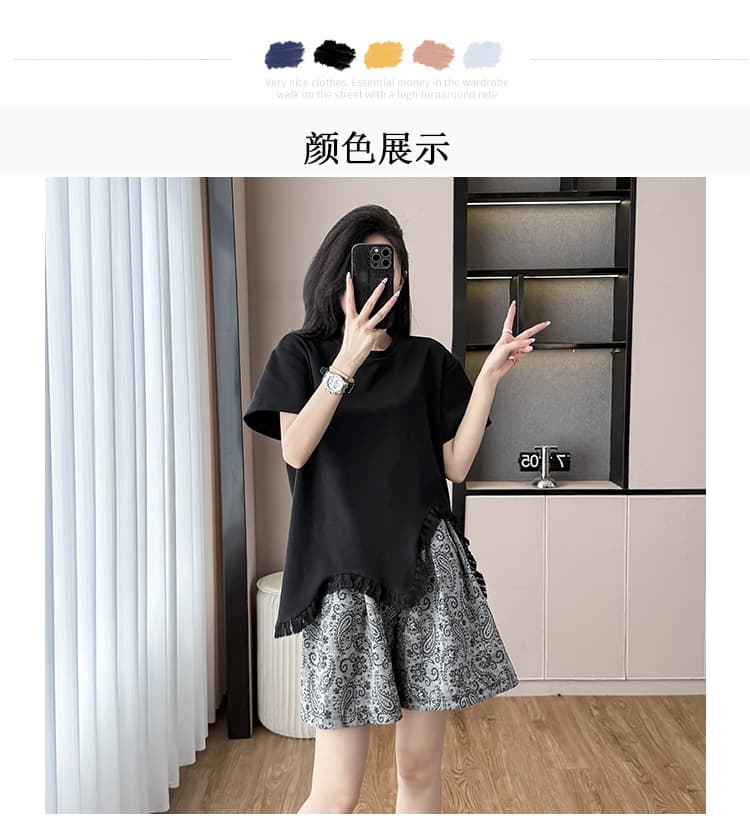 2026 여름 새로운 패션 슬림해 보이는 디자인 센스 반팔 맨위 넓은 다리 치마바지 외국 가스 슬림해 보이는 캐주얼 세트 상세 이미지 2