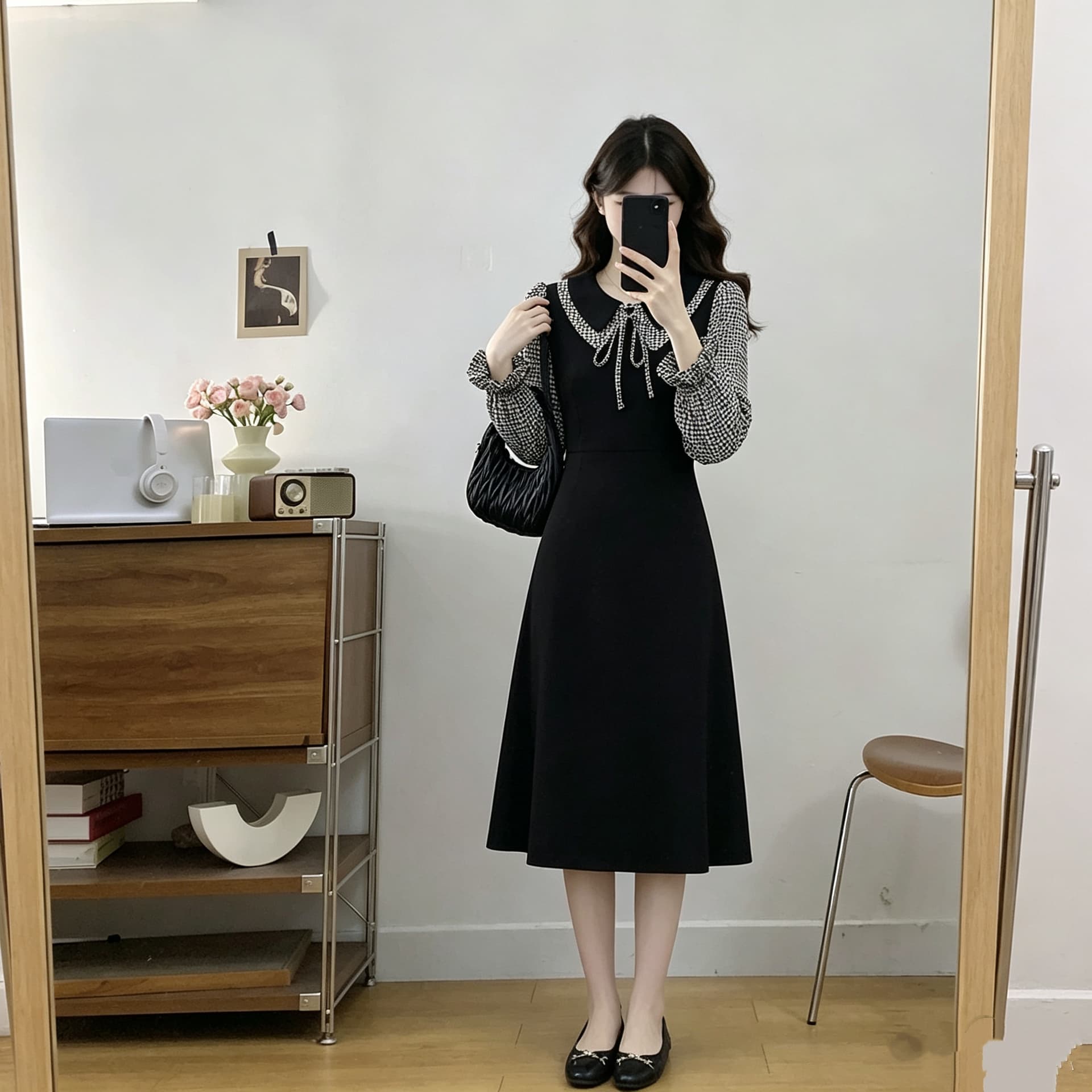 빅 사이즈 여성 의류 2026 가을 통통한 여동생 긴팔 드레스 패션 슬림해 보이는 패치워크 한국 스타일 한 마디 중간 길이 스커트 이미지 2