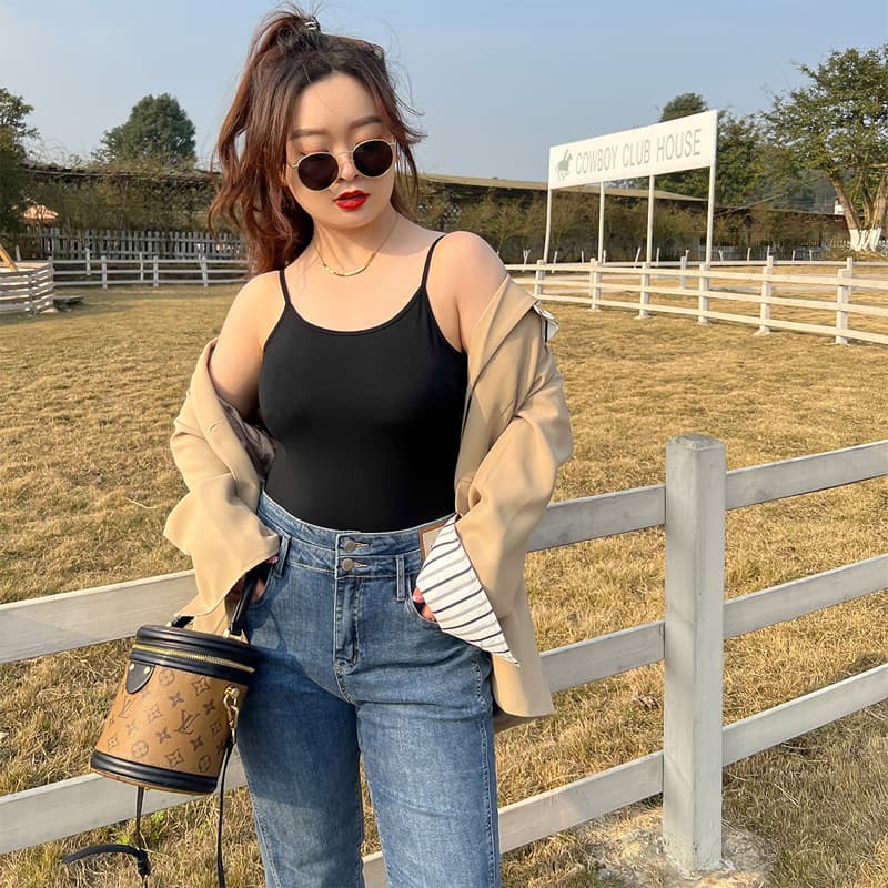 여름 드레스 통통한 여동생 여성 의류 빅 사이즈 캐미솔 비료 추가 증가 여성 인사이드 가져 가라. 루즈핏 표지 배 만나는 지방 mm 맨위 상세 이미지 4