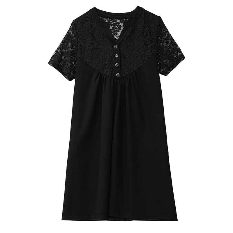 느슨한 여가 레이스 빈 스티칭 큰 사이즈 여성 의류 지방 mm 블랙 짧은 소매 드레스 여름 새로운 넓은 아내 이미지 6