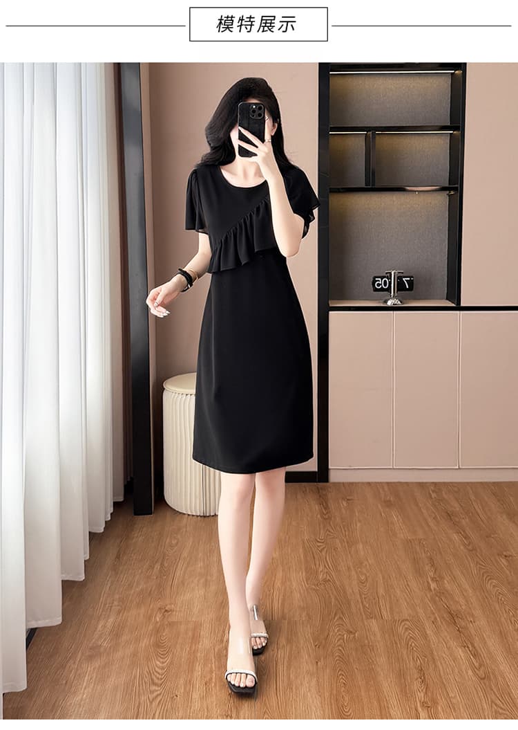 검정색 품격 슬림해 보이는 몸매 가꾸기 밑단 트임 빅 사이즈 여성 의류 지방 mm 반팔 드레스 여름 새로운 넓은 아내 상세 이미지 9