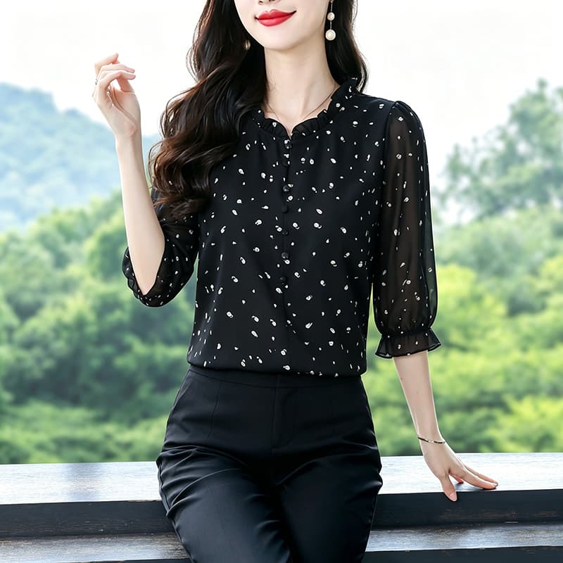 새로운 여름 드레스 슬림해 보이는 품격 다용도 7부 소매 쉬폰 블라우스 검정색 중간 소매 셔츠 라운드 넥 외국 가스 맨위 작은 셔츠 이미지 3