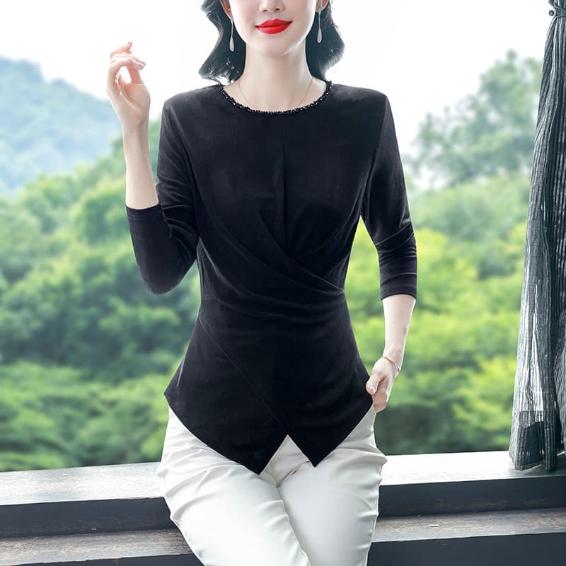 봄 가을 유럽 상품 빅 사이즈 티셔츠 검정색 라운드 넥 무거운 작업 비즈 박기 지방 mm 신축성 허리 수축 슬림해 보이는 맨위 기본 셔츠 이미지 2