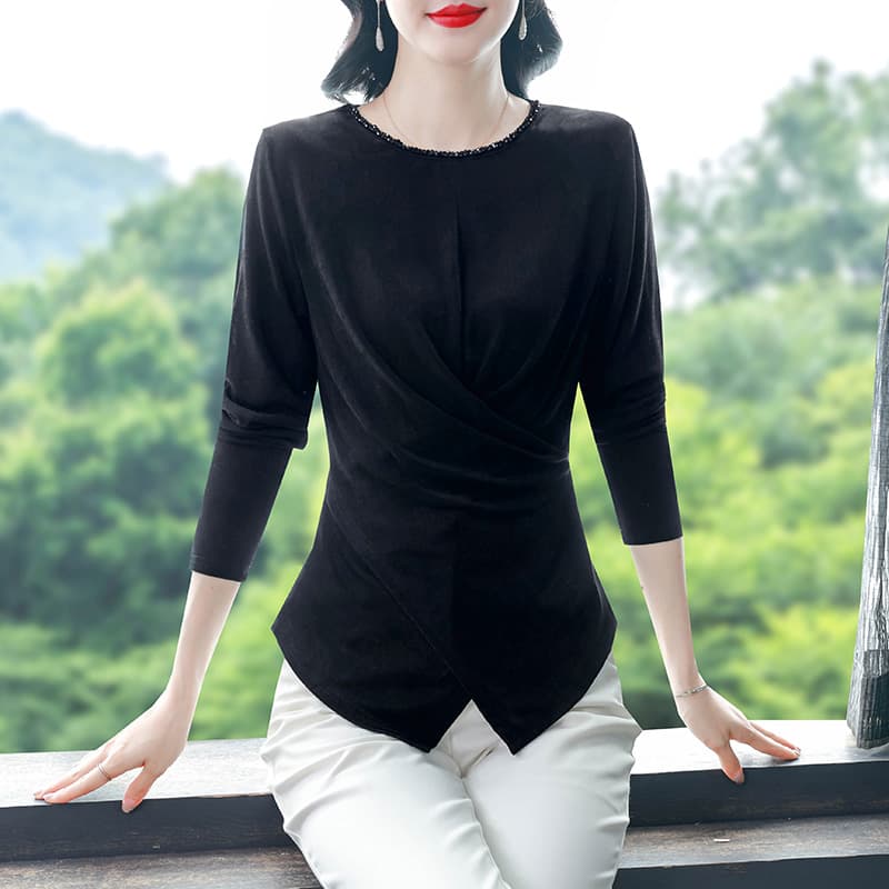 봄 가을 유럽 상품 빅 사이즈 티셔츠 검정색 라운드 넥 무거운 작업 비즈 박기 지방 mm 신축성 허리 수축 슬림해 보이는 맨위 기본 셔츠 이미지 3
