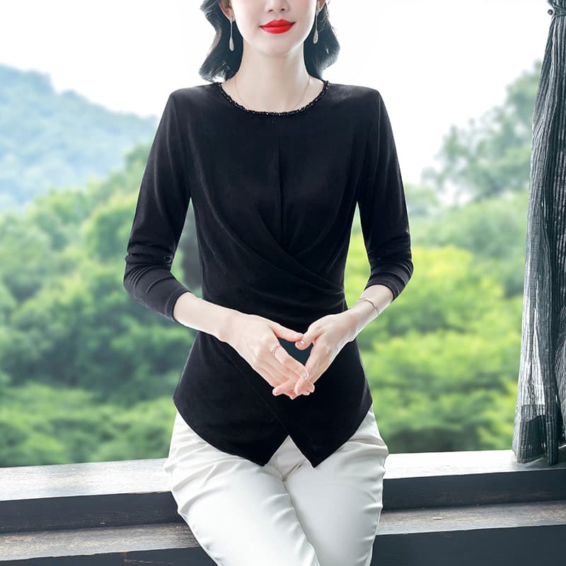 봄 가을 유럽 상품 빅 사이즈 티셔츠 검정색 라운드 넥 무거운 작업 비즈 박기 지방 mm 신축성 허리 수축 슬림해 보이는 맨위 기본 셔츠 이미지 4