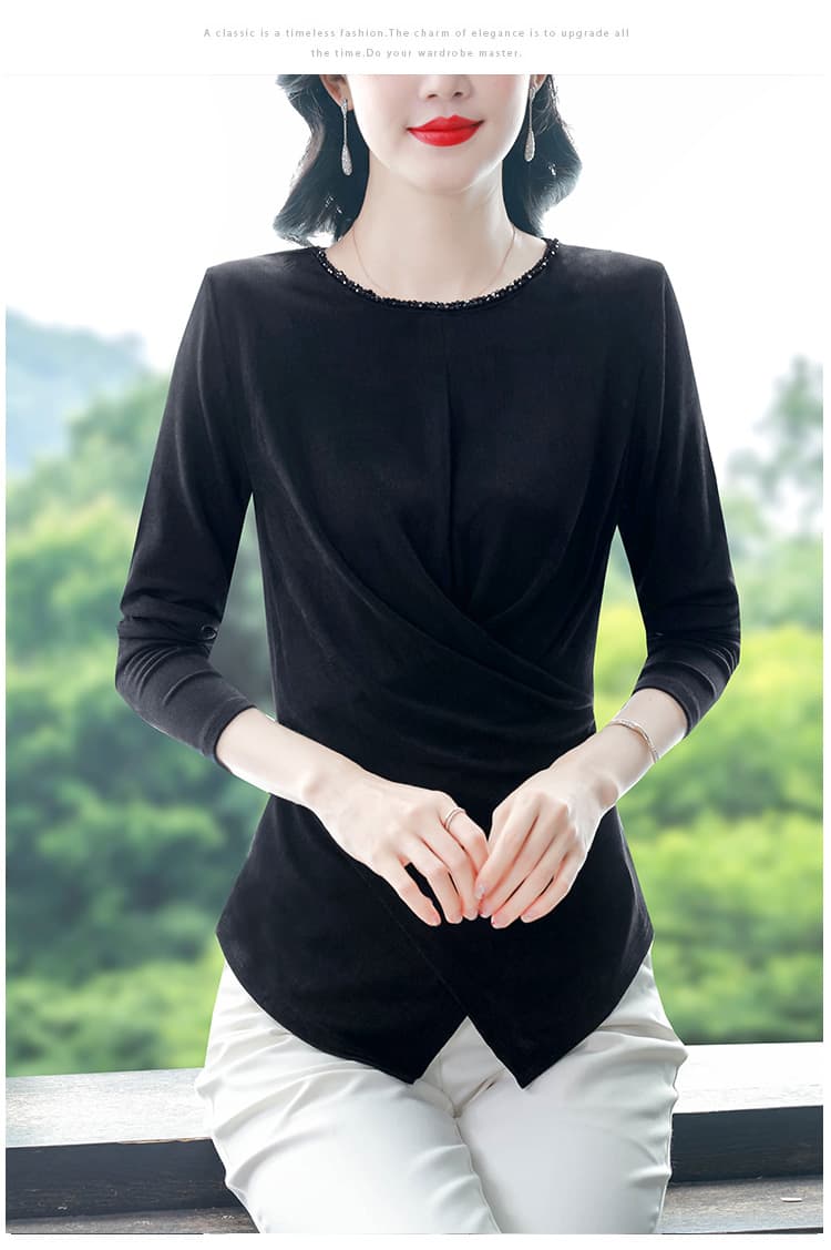 봄 가을 유럽 상품 빅 사이즈 티셔츠 검정색 라운드 넥 무거운 작업 비즈 박기 지방 mm 신축성 허리 수축 슬림해 보이는 맨위 기본 셔츠 상세 이미지 15