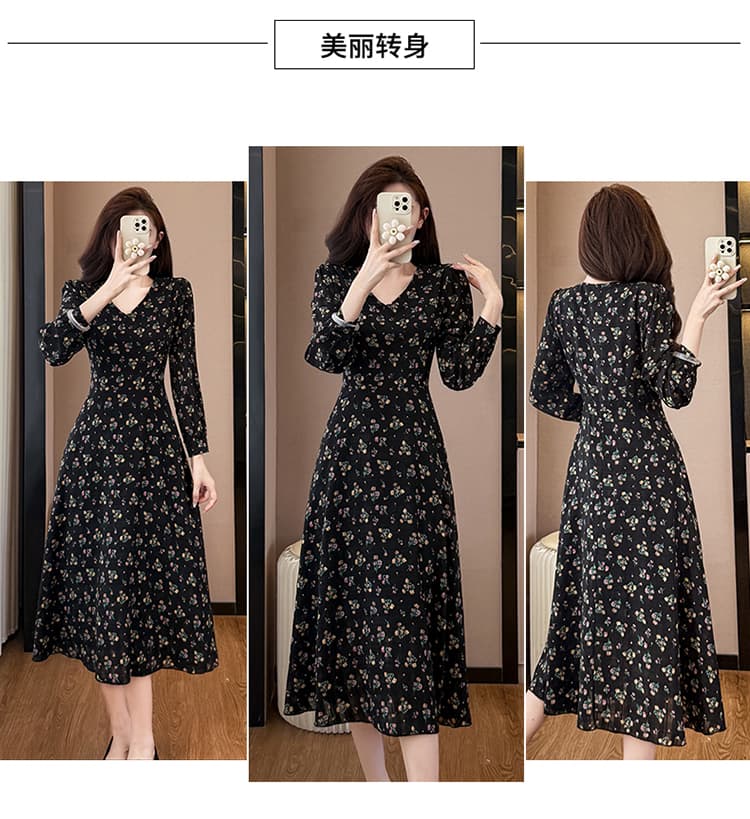 패션 꽃무늬 긴팔 드레스 중간 길이 빅 사이즈 여성 의류 지방 mm 품격 V넥 롱 스커트 몸매 가꾸기 슬림해 보이는 봄 가을 상세 이미지 5