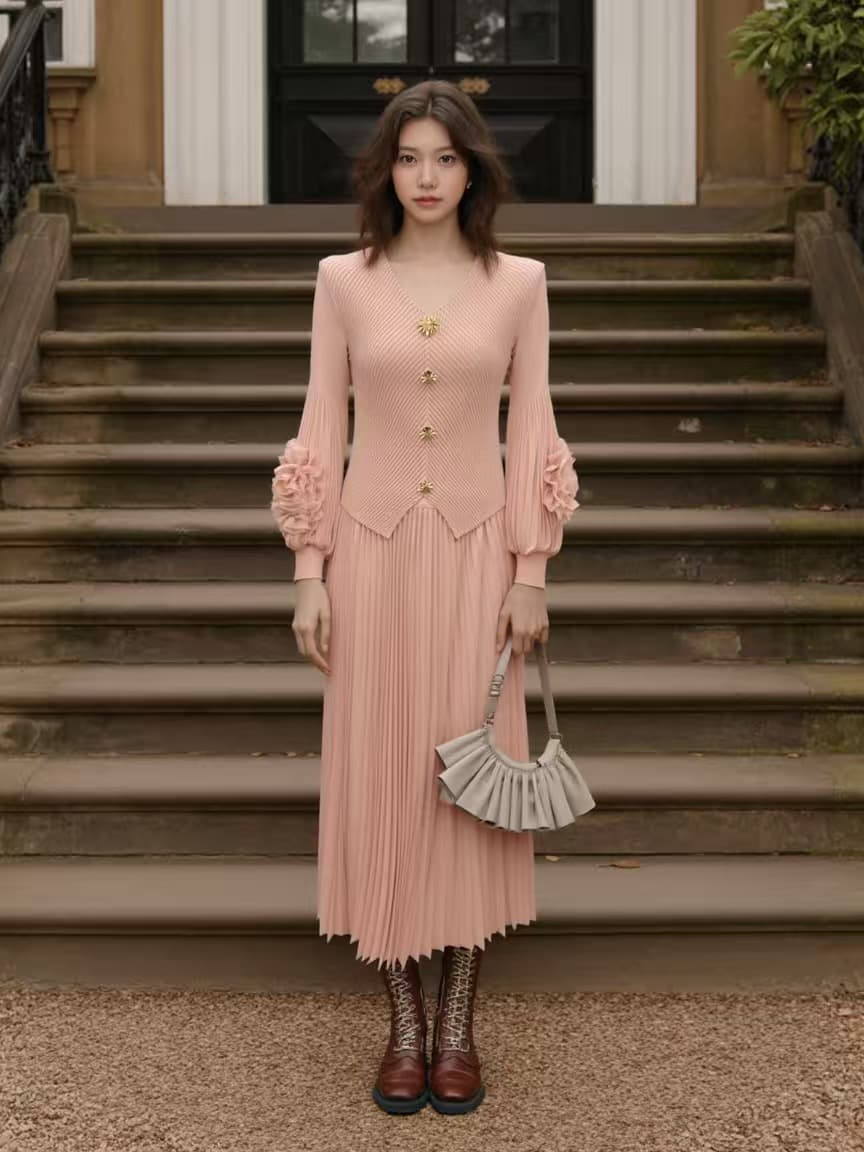 작은 샤넬 스타일 2026 봄 새로운 벌룬 소매 V넥 단색 세트 품격 우아함 패치워크 슬림해 보이는 패션 세트 드레스 상세 이미지 1