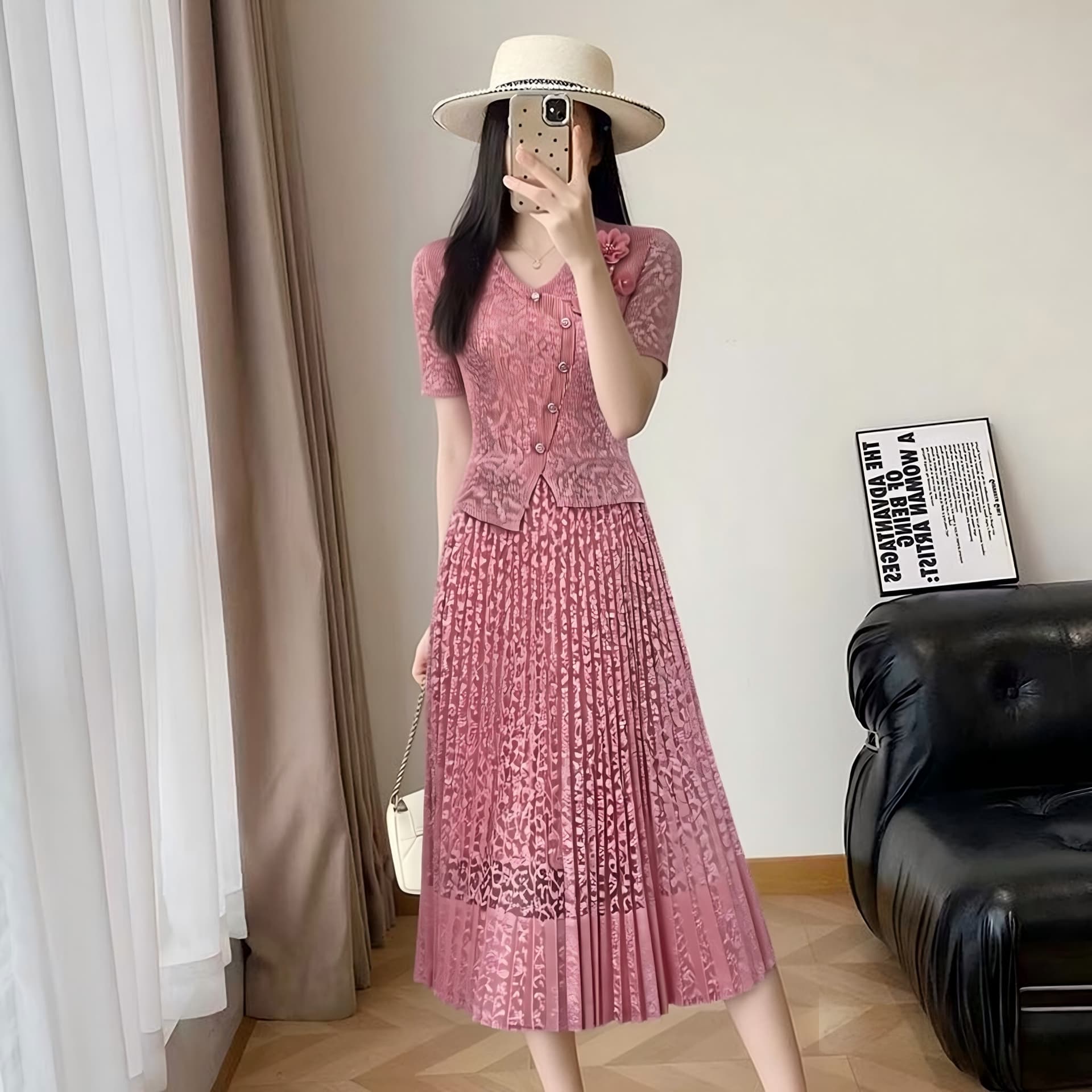 세 하우스 주름 드레스 2026 여름 새로운 정장 칼라 무거운 작업 꽃 빅 사이즈 패션 명문 여성 허리 수축 연령 감소 치마 이미지 2
