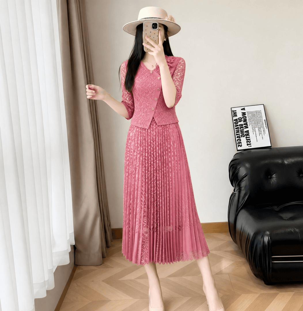 세 하우스 주름 드레스 2026 여름 새로운 정장 칼라 무거운 작업 꽃 빅 사이즈 패션 명문 여성 허리 수축 연령 감소 치마 이미지 2