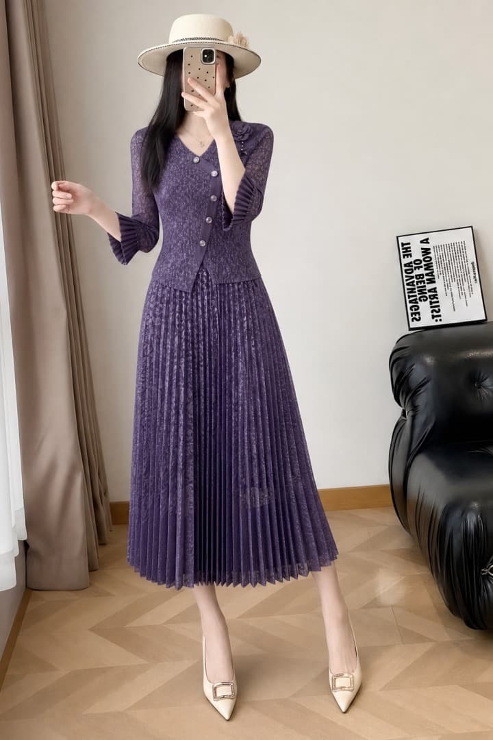 세 하우스 주름 드레스 2026 여름 새로운 정장 칼라 무거운 작업 꽃 빅 사이즈 패션 명문 여성 허리 수축 연령 감소 치마 이미지 5