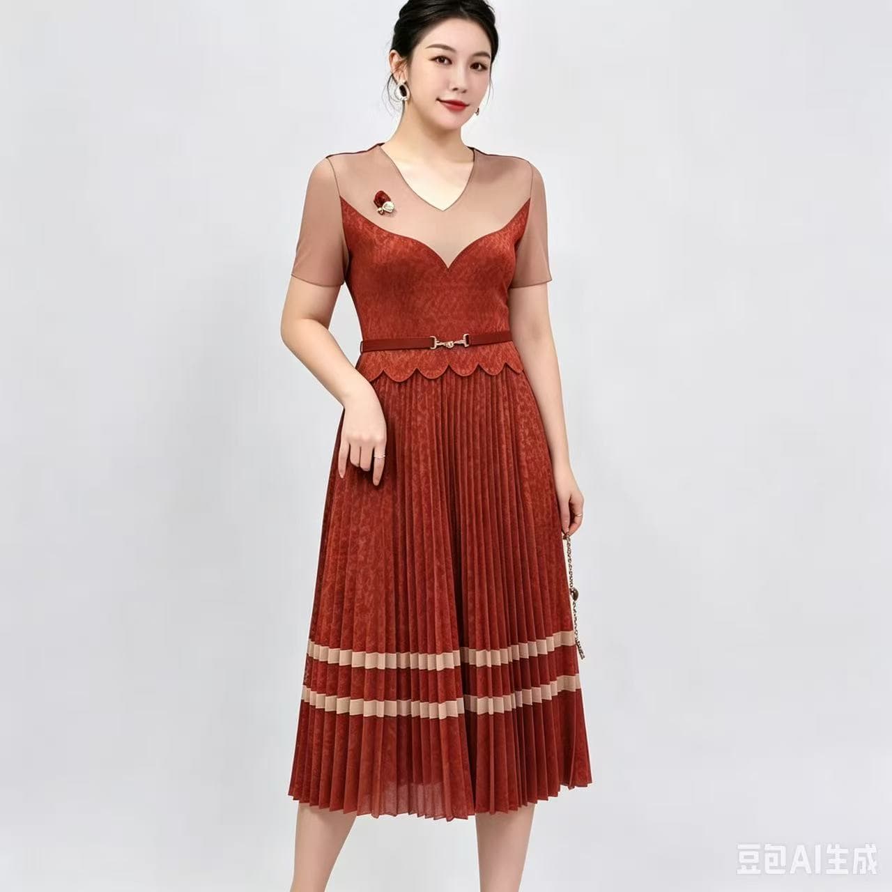 세 하우스 주름 드레스 2026 패션 레이스 조각 V넥 몸매 가꾸기 슬림해 보이는 드레스 중간 길이 플리츠 스커트 이미지 2