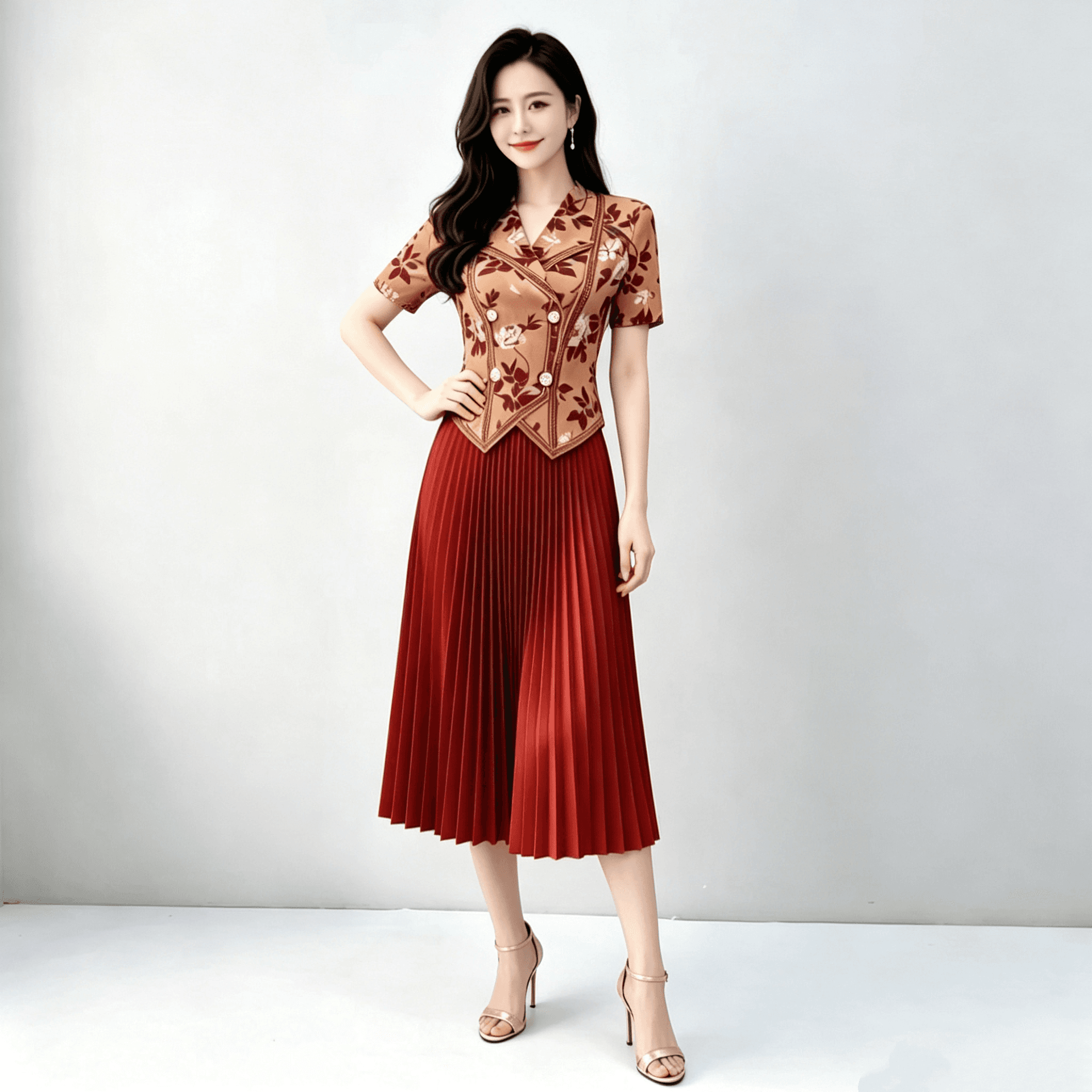 유럽 역 2026 여름 새로운 패션 주름 라운드 넥 패치워크 몸매 가꾸기 슬림해 보이는 드레스 중간 길이 플리츠 스커트 상세 이미지 2