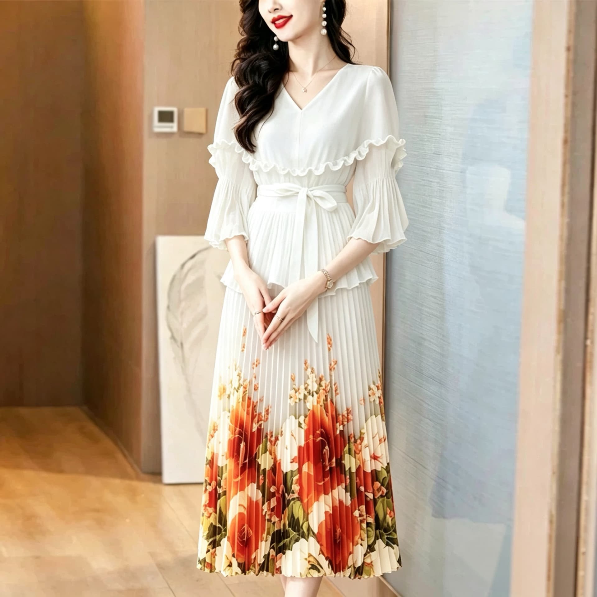 2026 가을 프랑스식 꽃무늬 플리츠 드레스 V넥 연꽃 잎 소매 허리 수축 레이스업 부드러운 품격 투피스 세트 롱 스커트