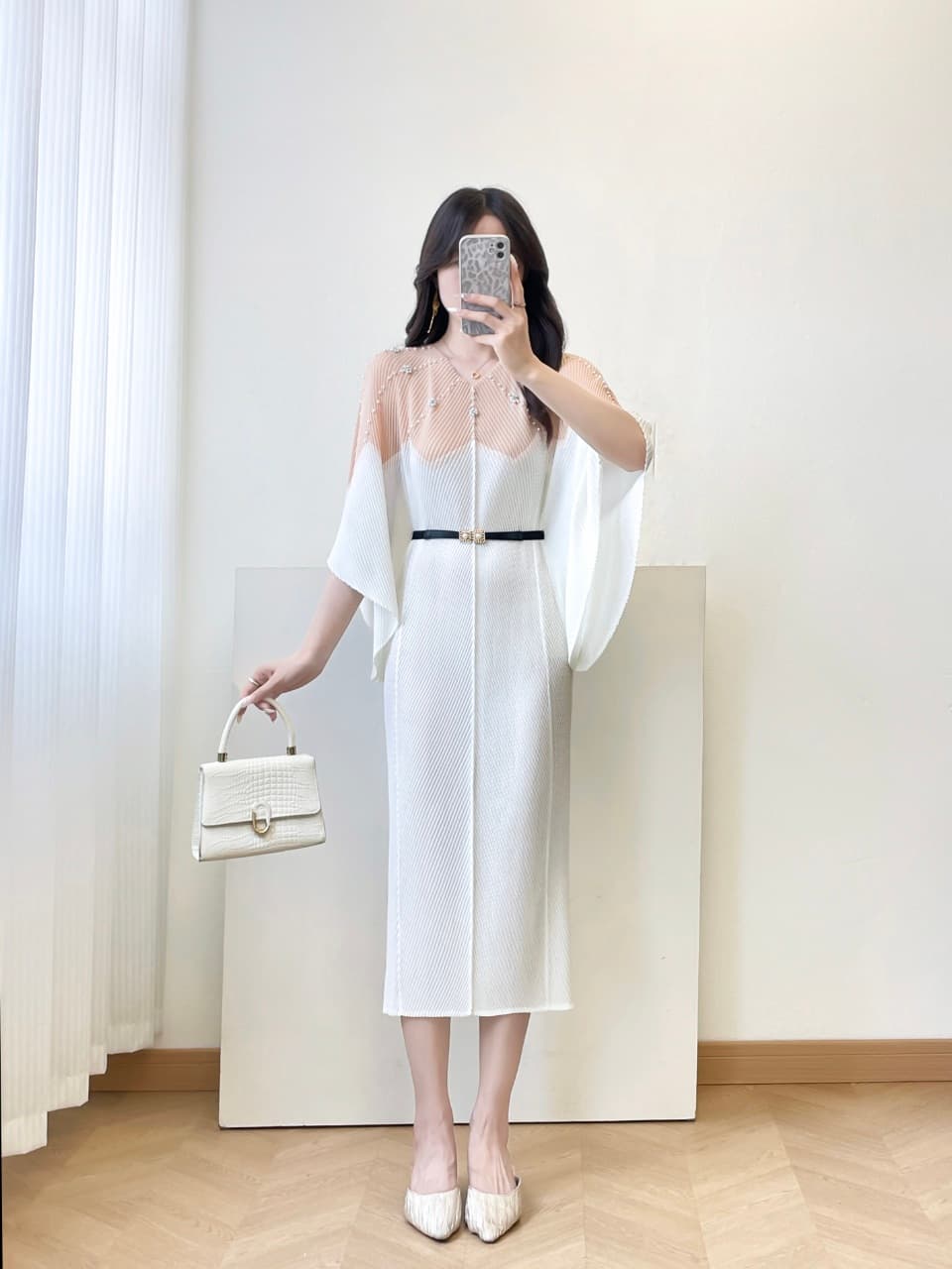 세 하우스 무거운 작업 핫픽스 플리츠 치마 대 나팔 소매 수신 벨트 몸매 가꾸기 표지 고기 연회 출퇴근 무릎 아래 드레스