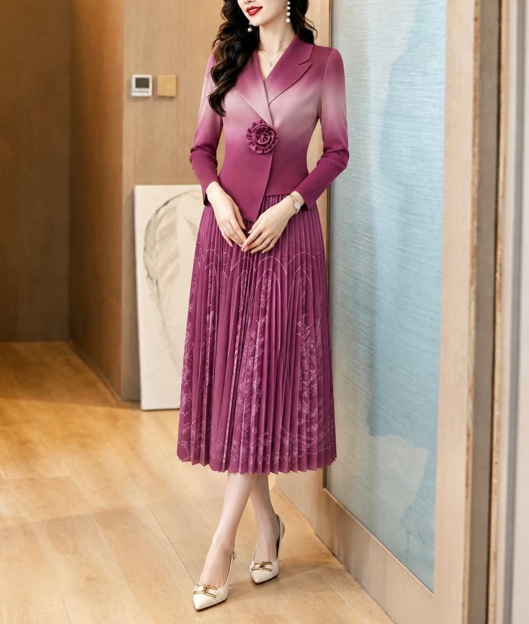2026 년 그라데이션 색상 정장 플리츠 드레스 우아함 3 차원 장미 허리 수축 슬림해 보이는 프린트 플리츠 중간 길이 스커트 이미지 3