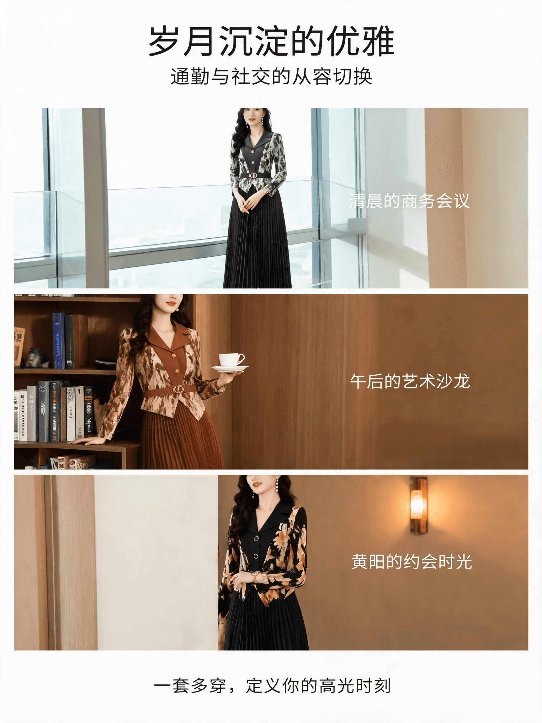 2026 새로운 정장 폴로 칼라 프린트 페이크 레이어드 드레스 세 하우스 빛 럭셔리 주름 플리츠 스커트 상세 이미지 4