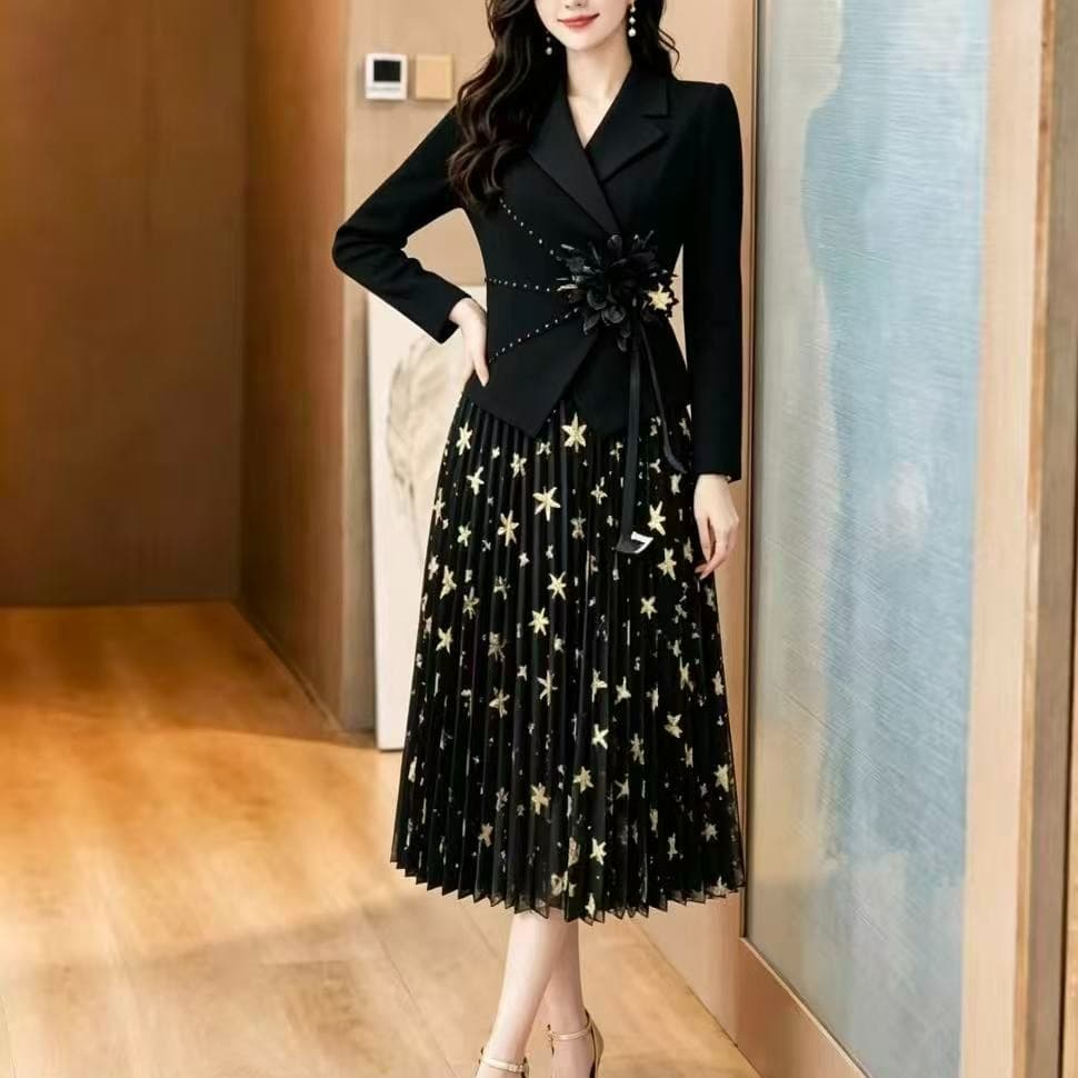 2026 빛 럭셔리 정장 다림질 금박 별 플리츠 칼라 페이크 레이어드 드레스 허리 수축 슬림해 보이는 품격 긴팔 플리츠 스커트 이미지 5