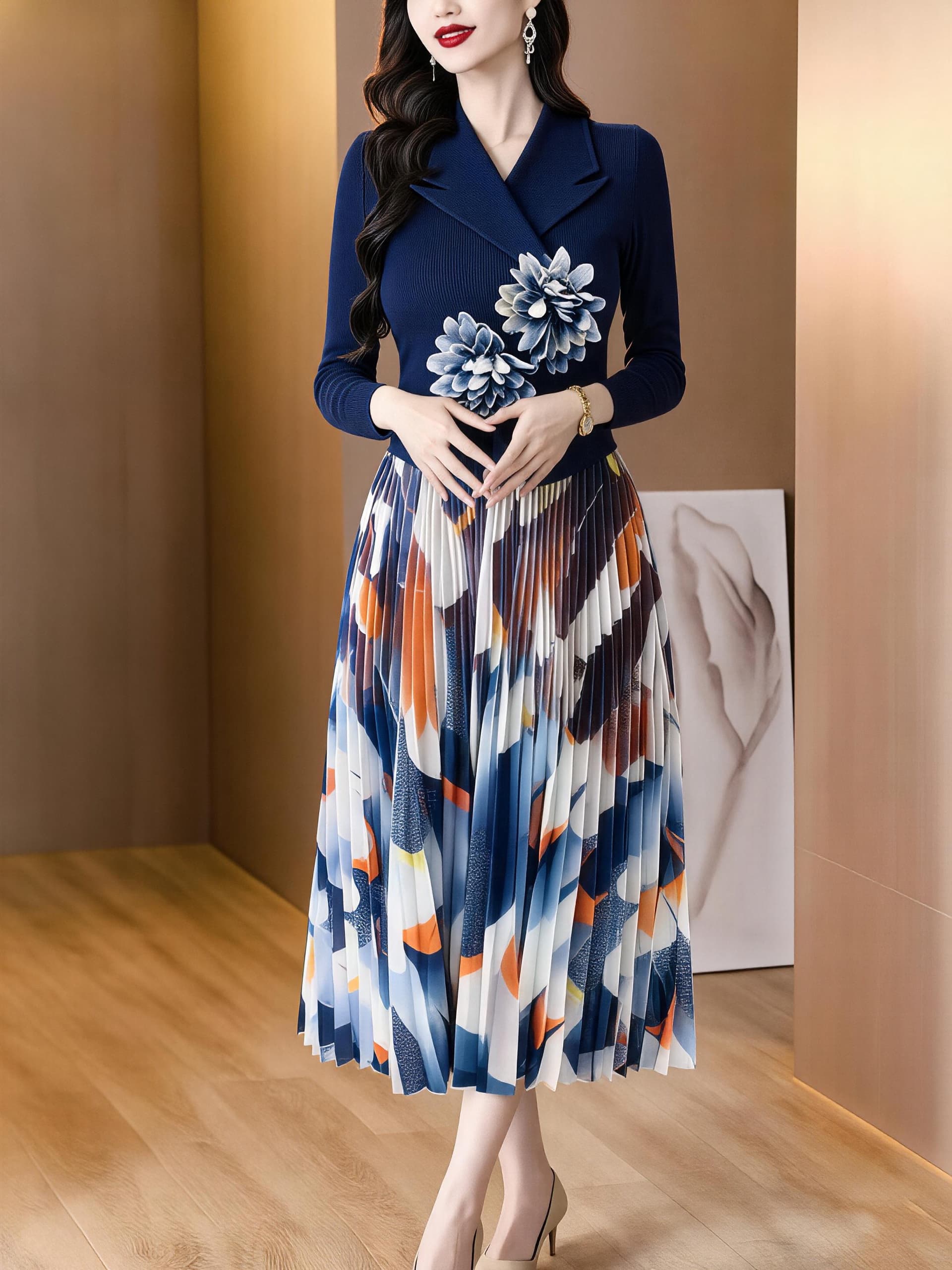 2026 정장 폴로 칼라 페이크 레이어드 주름 여성 드레스 가을 3 차원 꽃 허리 수축 프린트 플리츠 롱 스커트