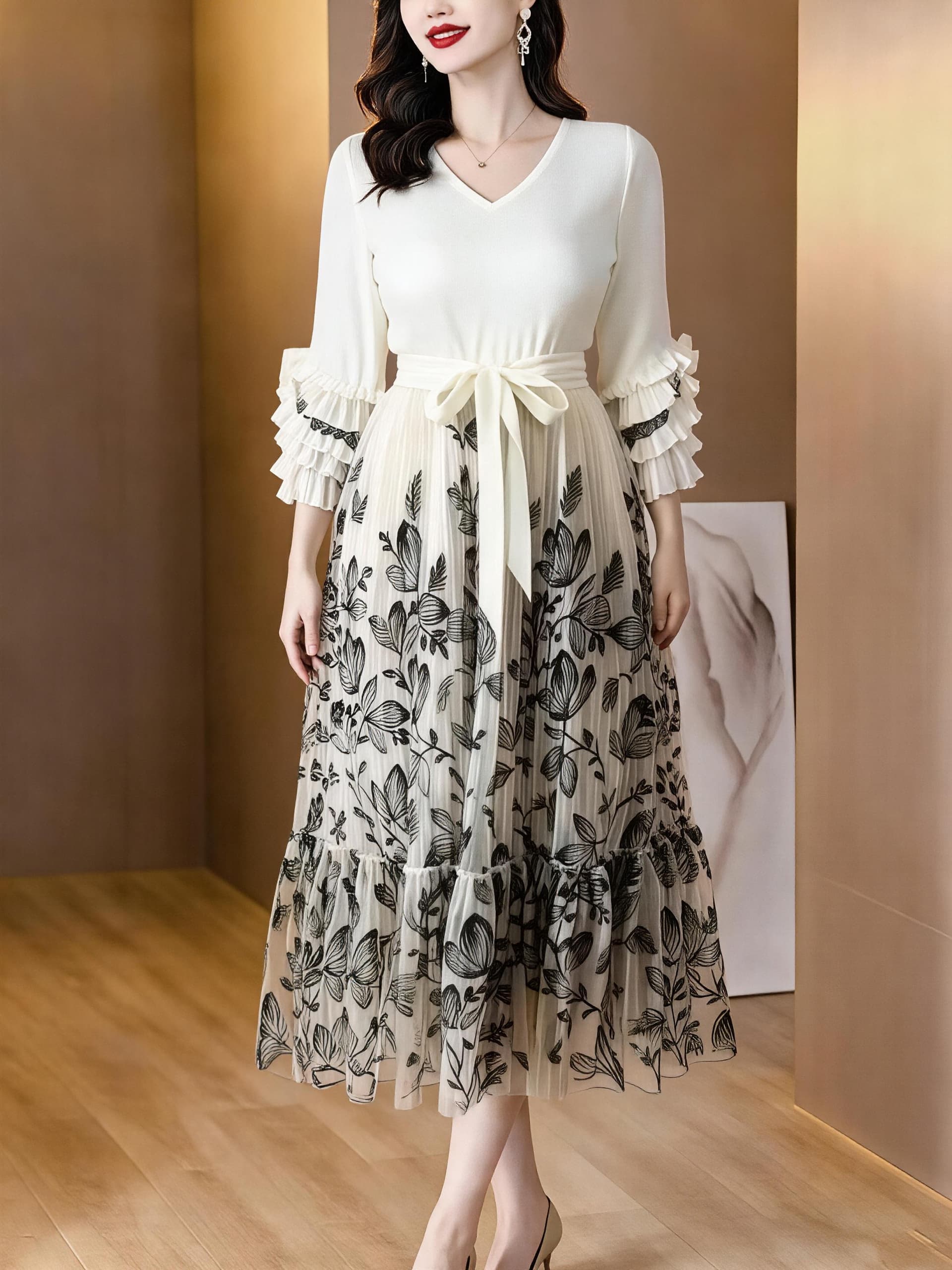 2026 가을 새로운 v 칼라 주름 프린트 망사 허리 수축 레이스업 연꽃 잎 소매 빛 럭셔리 슬림해 보이는 큰 진자 롱 스커트 이미지 2