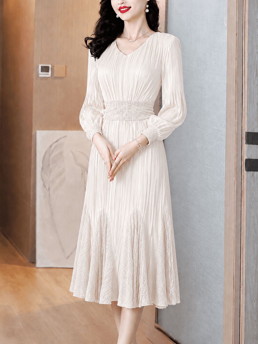 고급 센스 세 하우스 바람 주름 치마 V넥 긴팔 허리 수축 배색 패치워크 인어 꼬리 스커트 표지 고기 슬림해 보이는 품격 롱 스커트 이미지 3