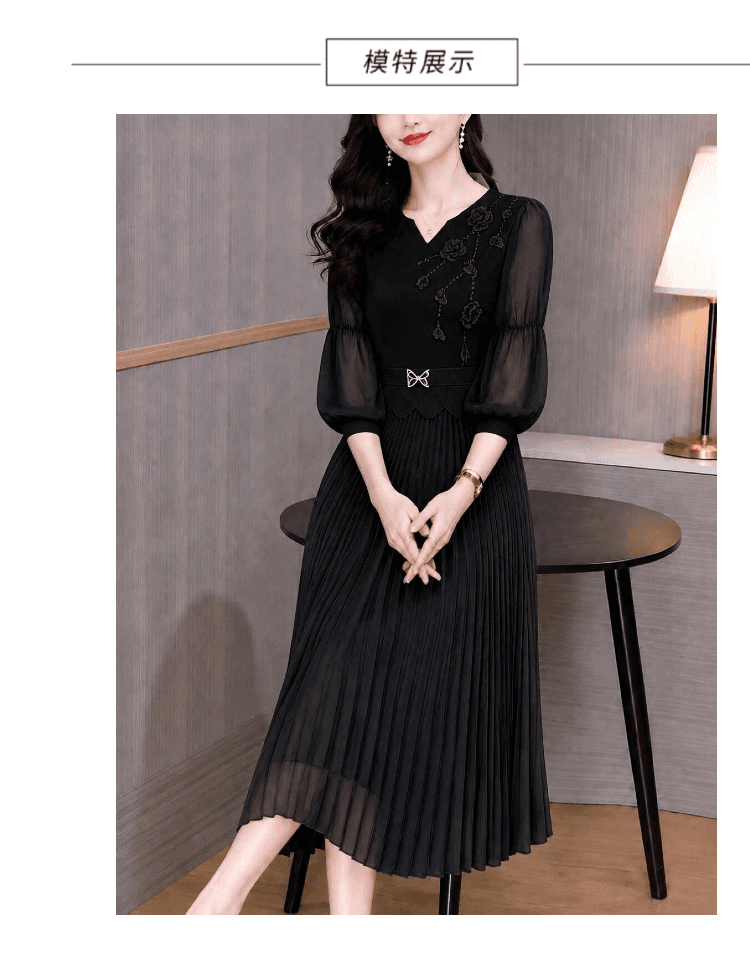 빛 럭셔리 품격 자수 플리츠 롱 스커트 중간 소매 V넥 허리 수축 플리츠 빅 플레어 스커트 표지 배 슬림해 보이는 연회 치마 상세 이미지 9