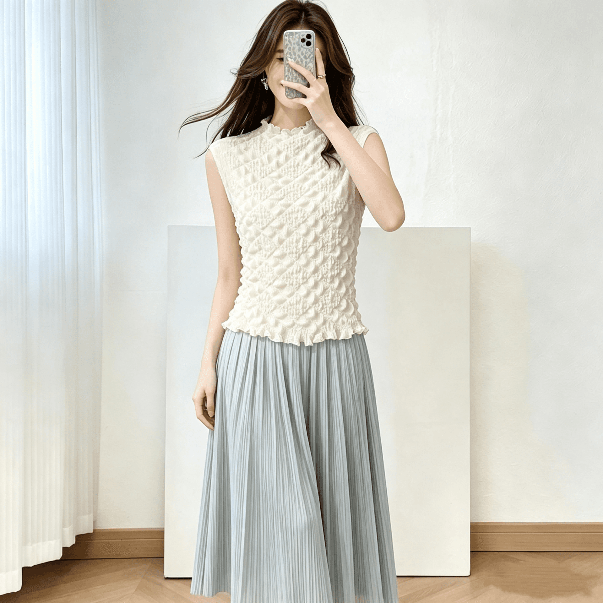 3 차원 버블 Pleat 조끼 여성 여름 새로운 곰팡이 고리 민소매 인사이드 가져 가라. 외출용 몸매 가꾸기 슬림해 보이는 맨위