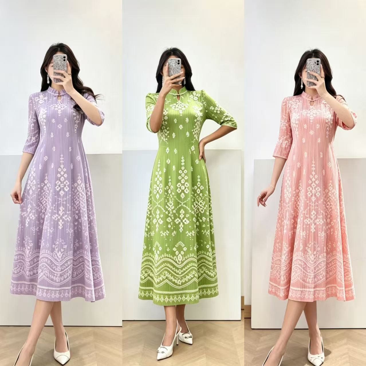 세 하우스 주름 개선 치파오 여성 드레스 새로운 중식 스탠드 칼라 품격 프린트 허리 수축 슬림해 보이는 큰 진자 롱 스커트 이미지 4