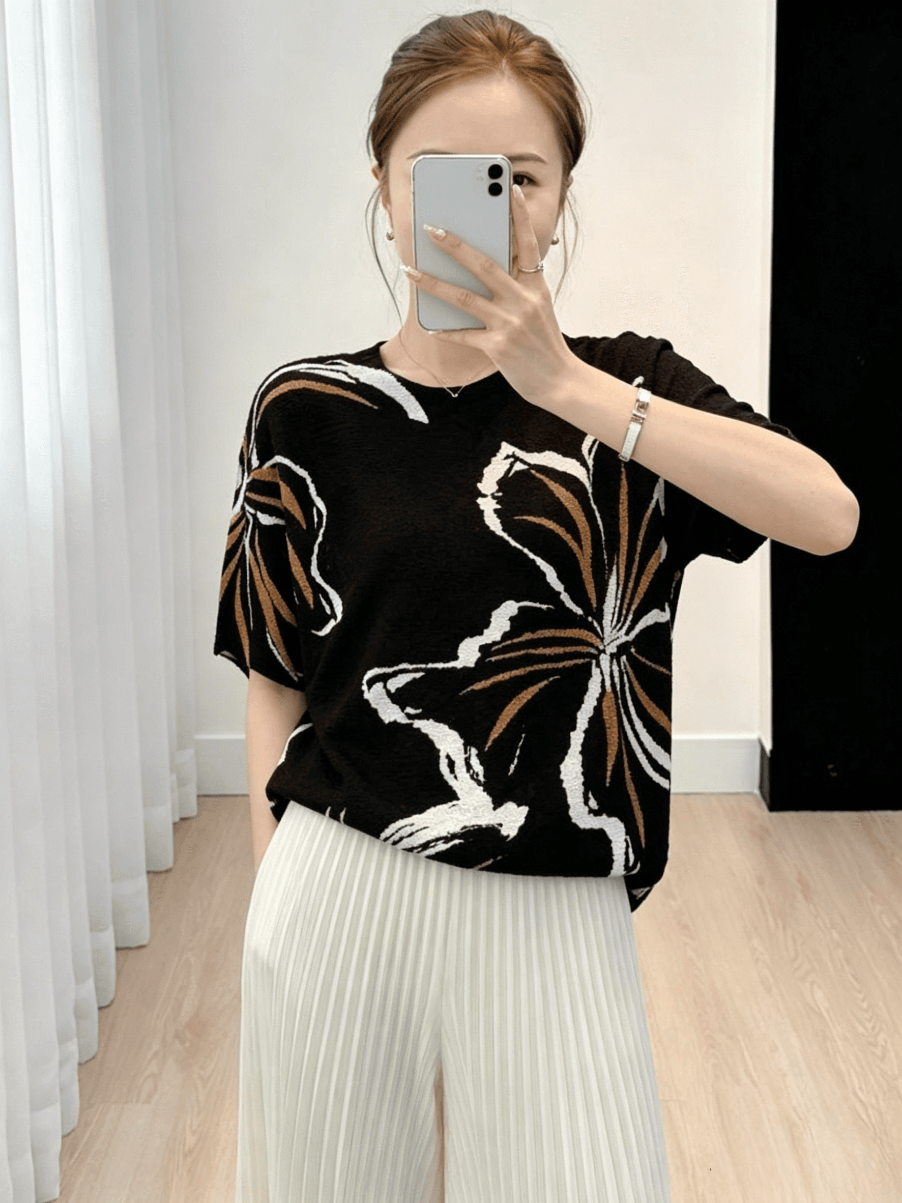 세 하우스 바람 写意 꽃무늬 주름 맨위 루즈핏 슬림해 보이는 Seersucker 품격 프린트 티셔츠 상세 이미지 5
