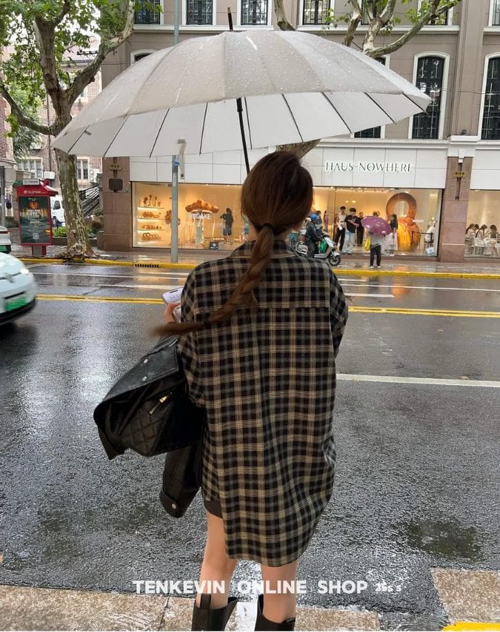 10 하나의 돌 가을의 날 제한적 패치워크 연삭 털 격자 무늬 셔츠 여성 코트 작은 키 루즈핏 긴팔 맨위 ll 이미지 4