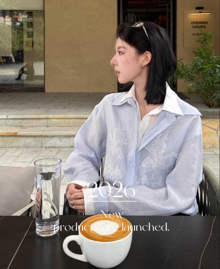 장 원자바오 남쪽 지점 파란색 페이크 레이어드 수공 자수 2026 고유 한 슈퍼 잘 생긴 여성 셔츠 루즈핏 출퇴근 맨위 상세 이미지 12