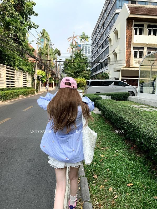ashy snow 어린애 같은 색상 작은 말 자수 파란색 스트라이프 긴팔 루즈핏 셔츠 기초 섹션 가을 어깨 상세 이미지 8