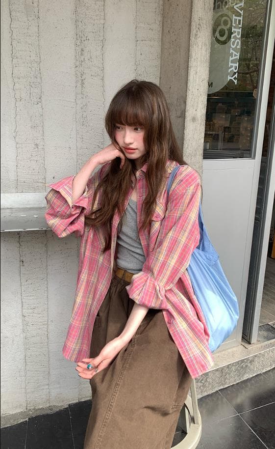 rainy 한 부서 문예 분위기 클래식 루즈핏 체크무늬 셔츠 봄 가을 여성 다용도 체크무늬 셔츠 폴로 칼라 맨위 상세 이미지 11