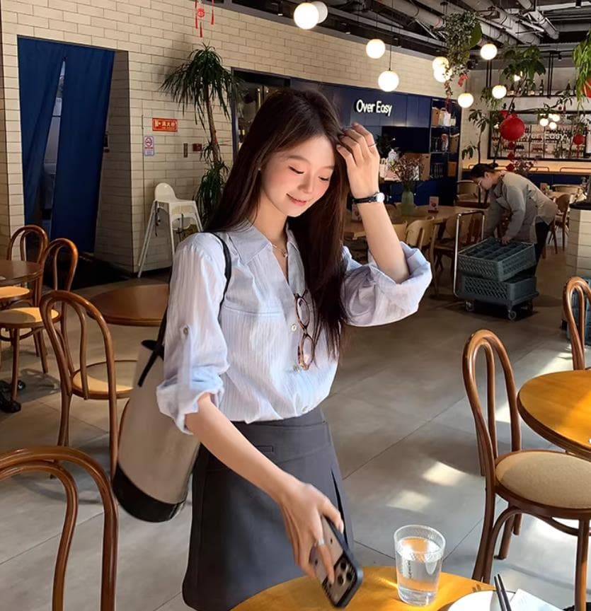 케이크를 잘라 직접 만든 작은 키 봄 가을 여성 의류 출퇴근 디자인 센스 품격 긴팔 셔츠 셔츠 스트라이프 잘 생긴 맨위