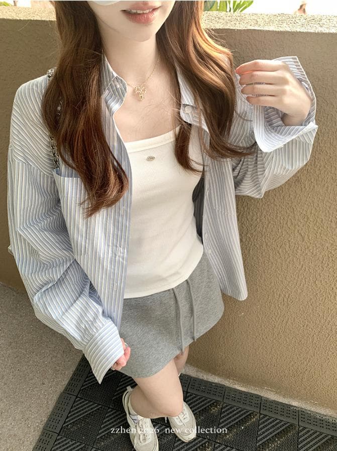 zzhen 제인 제인 루즈핏 한 부서 스트라이프 셔츠 이미지 3