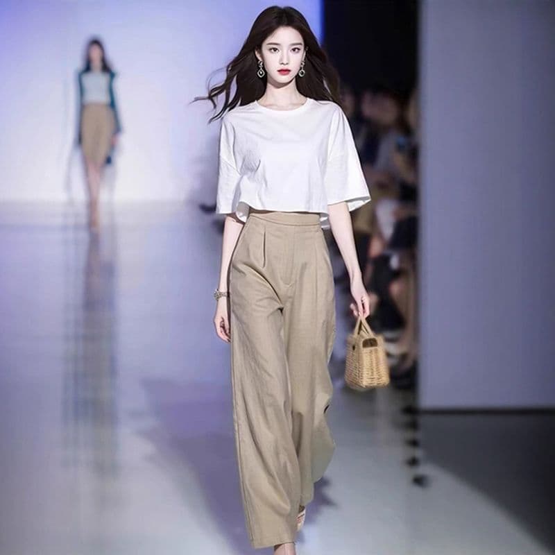 한 부서 여름 착용 가져 가라. 전체 집합 관대 한 점잖은 품격 캐주얼 패션 화이트 티셔츠 와이드 레그 팬츠 투피스 슈트 이미지 2