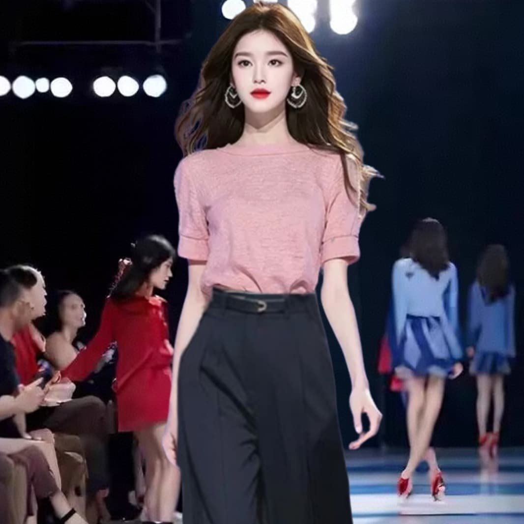 여행 착용 가져 가라. 여성 의류 천 골드 감기 센스 비싼 부서 외국 가스 옷 2026 핑크색 맨위 와이드 레그 팬츠 작은 대중 세트 이미지 2