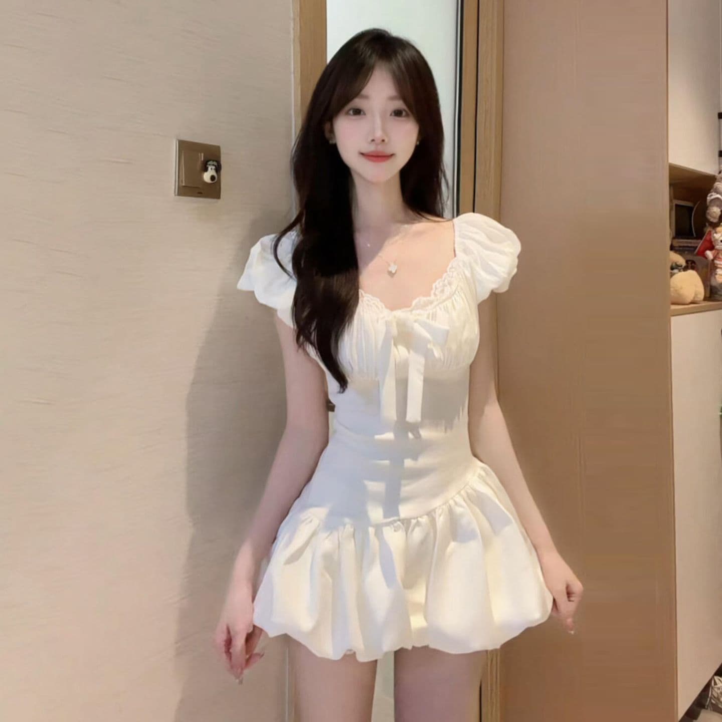 드레스 2026 여름 새로운 한 부서 품격 반팔 패치워크 레이스 나비 매듭 허리 수축 주름 꽃밭 치마 상세 이미지 7