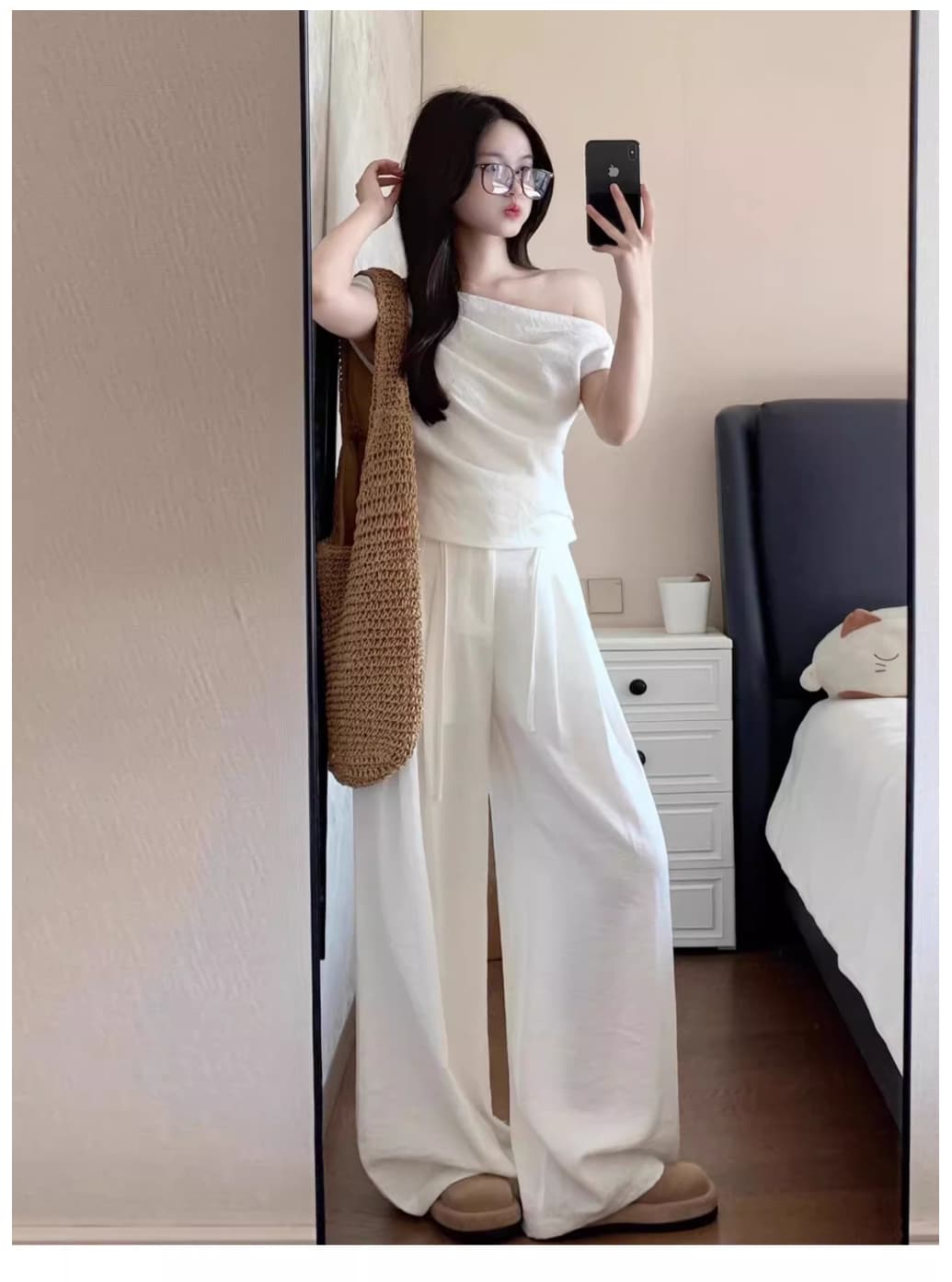 화이트 자이언트 잘 생긴 ~ 중 여름 세트 한 부서 고급 센스 운동 캐주얼 비스듬한 어깨 반팔 와이드 레그 팬츠 두 조각 여성 세트 상세 이미지 19