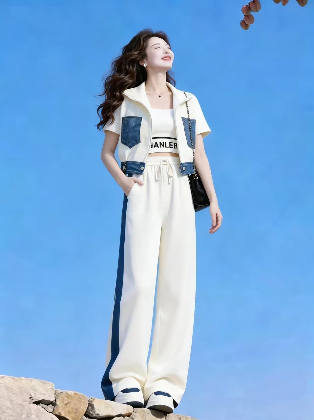 스탠드 칼라 데님 패치워크 캐주얼 스포츠 슈트 여성 여름 2026 새로운 투피스 세트 인기 연령 감소 학원 스타일 상세 이미지 10