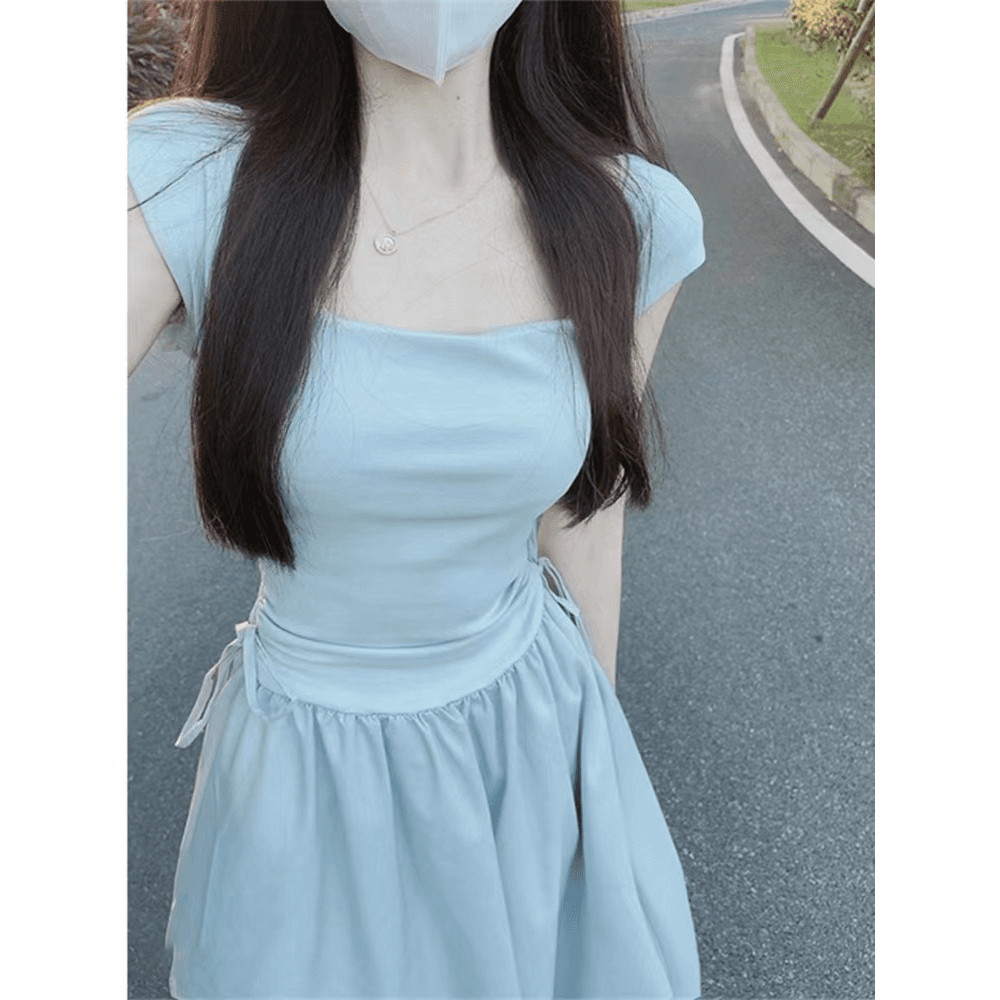 차 휴식 프랑스식 광장 칼라 드레스 아이들 여름 2026 새로운 첫사랑 순수한 우유 달콤한 롱 스커트 허리 수축 작은 키 이미지 5