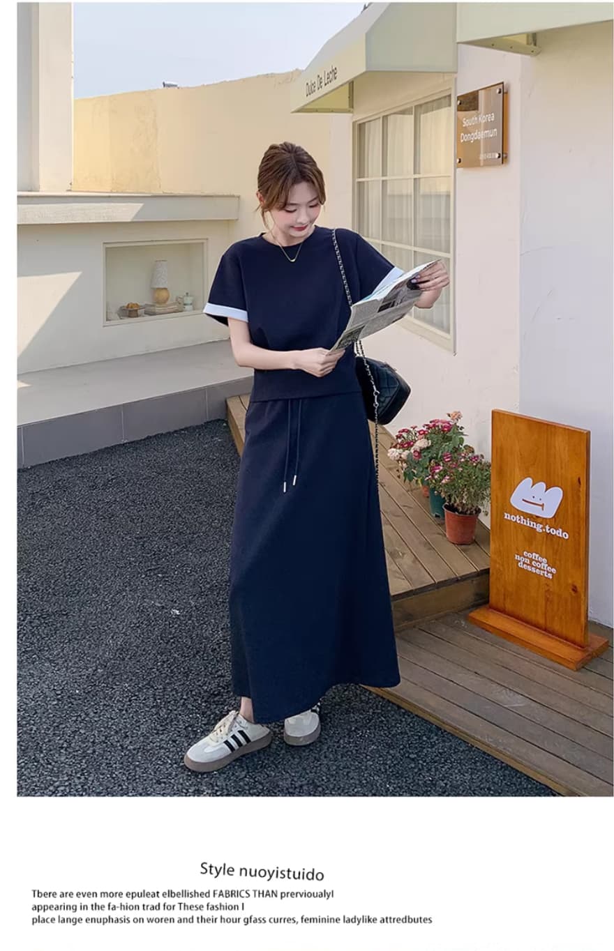 해군 캐주얼 반팔 티셔츠 세트 드레스 여성 여름 2026 년 새로운 슈퍼 화재 반신 스커트 투피스 세트 상세 이미지 14