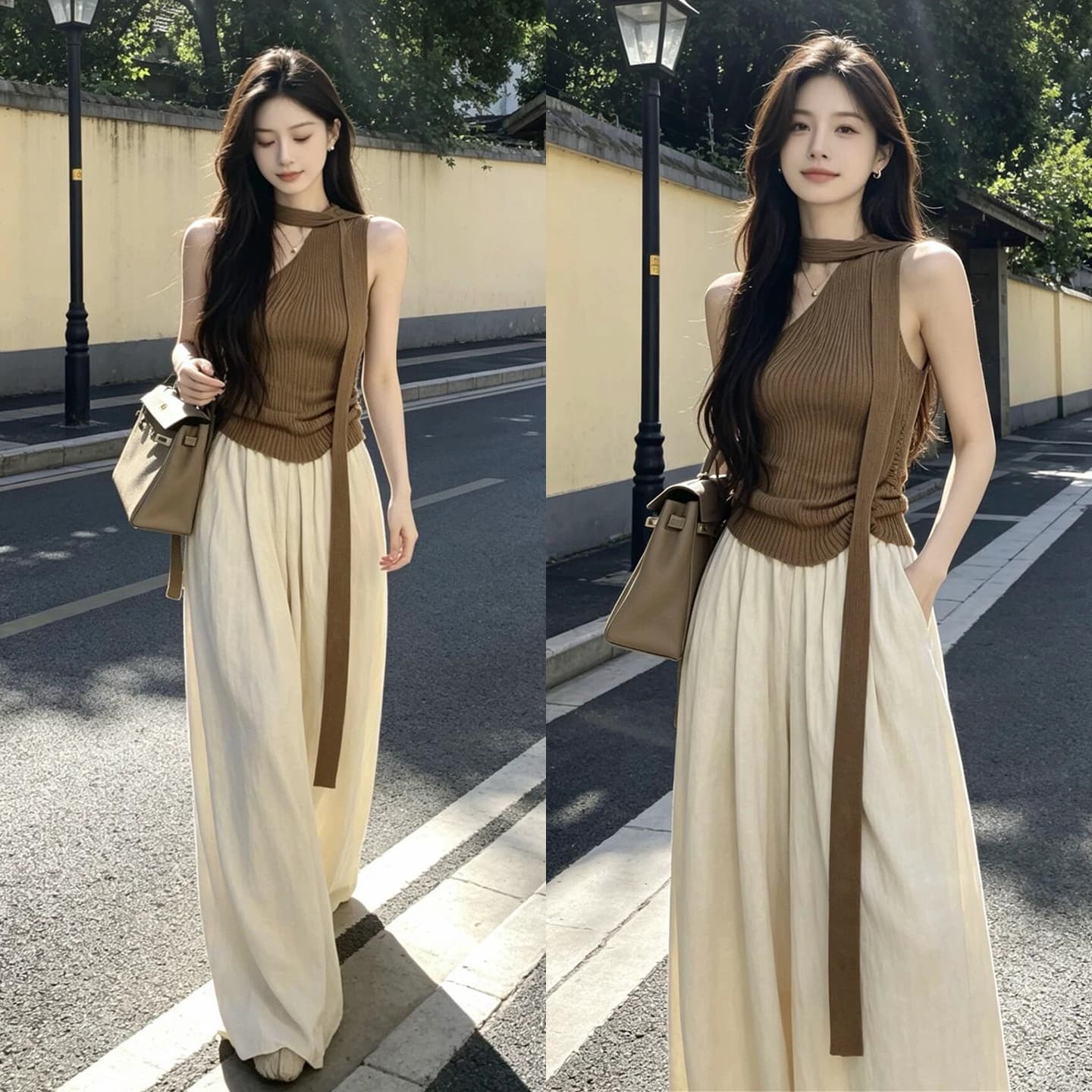 프랑스식 느긋한 오래된 돈 바람 품격 착용 가져 가라. 전체 집합 여름 디자인 센스 리본 조끼 와이드 레그 팬츠 투피스 슈트 상세 이미지 6