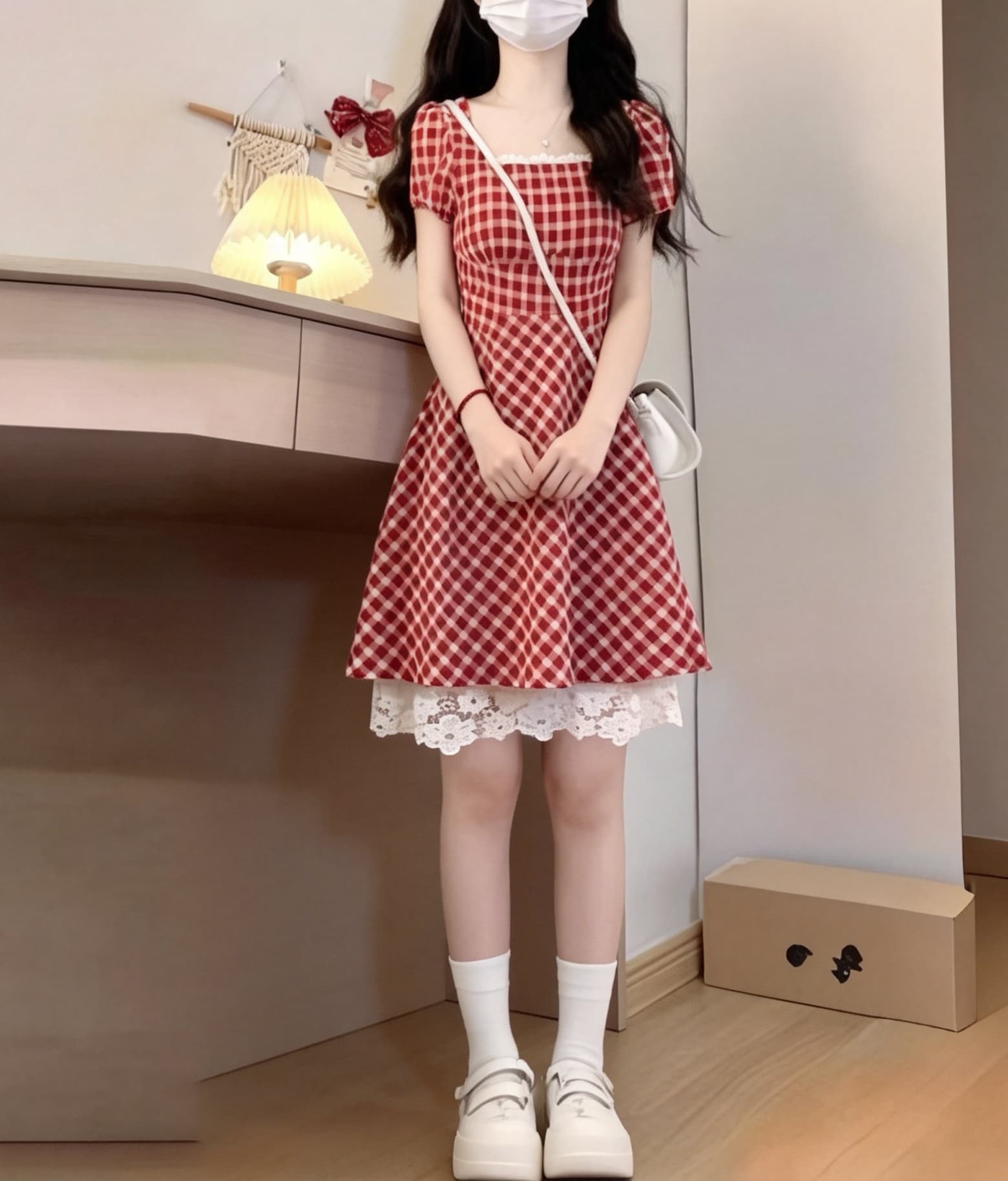 빨간색 그리드 빨간색 프랑스식 여름 새로운 달콤함 치마 체크무늬 디스플레이 화이트 레이스 조각 캄파넬라 세과 첫사랑 드레스 상세 이미지 9