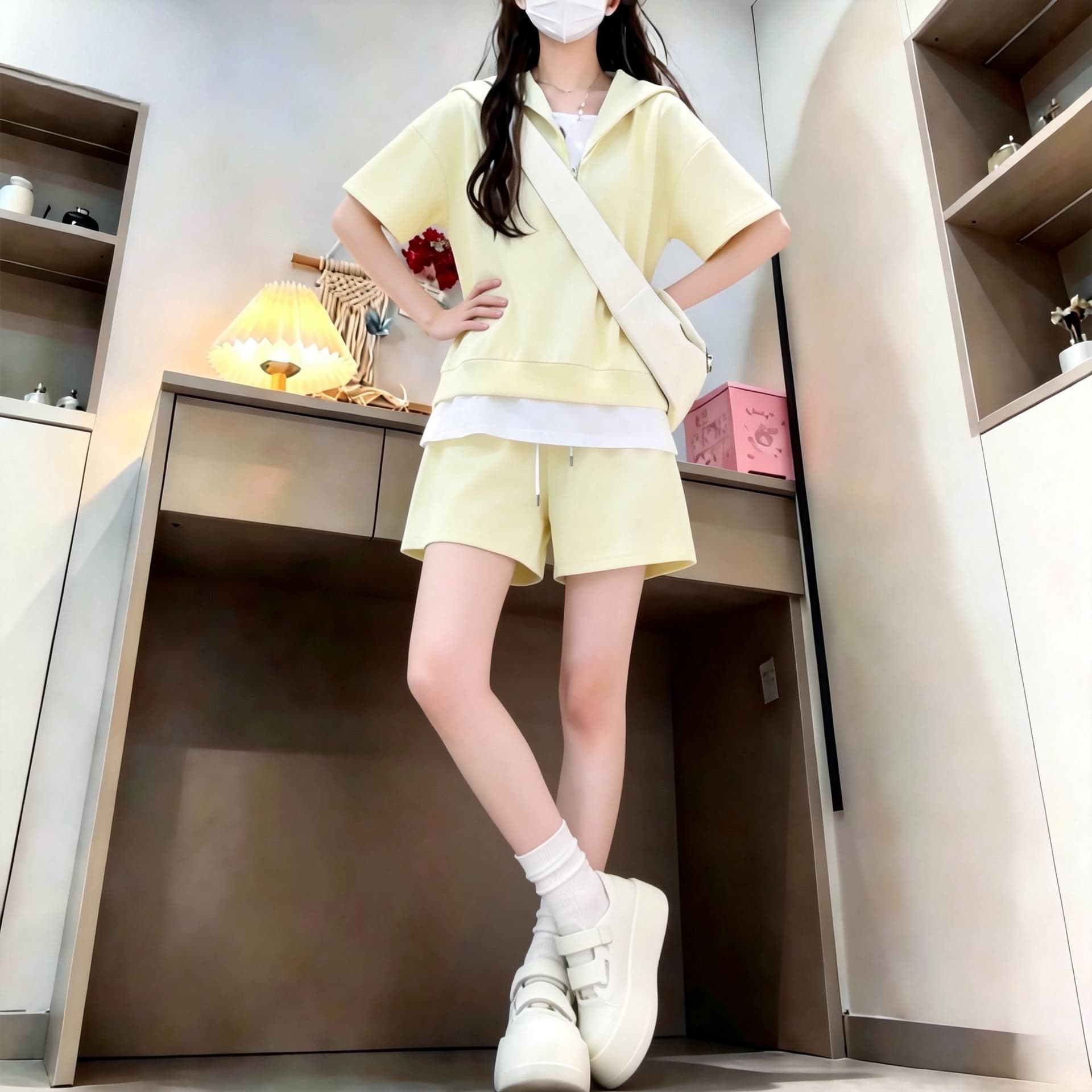 소금 부서 ootd 운동복 세트 여성 여름 학생 루즈핏 페이크 레이어드 반팔 패션 반바지 투피스 세트 러닝 상세 이미지 14