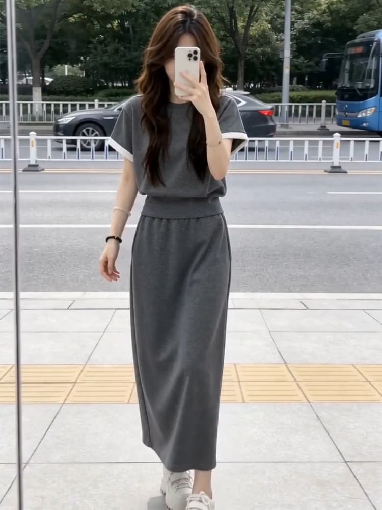 배색 패치워크 회색 반신 치마 세트 여성 여름 새로운 슈퍼 화재 티셔츠 투피스 세트 폭발 고급 센스 드레스 상세 이미지 17