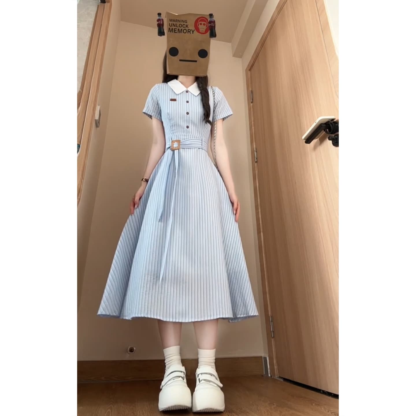 한 부서 폴로 칼라 파란색 체크무늬 여성 드레스 여름 해변가 휴가 치마 고급 센스 스트랩 허리 수축 품격 롱 스커트 상세 이미지 16